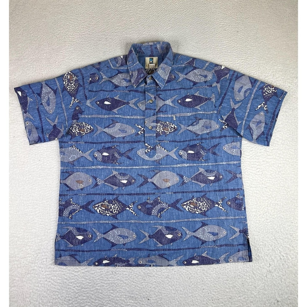 Kahala Shirt Mens XL Blue Fish Print Hawaiian Short Sleeve Popover Aloha